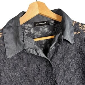 Liz Claiborne Y2K Collection Black Floral Lace Button Up Blouse Satin Sz 10